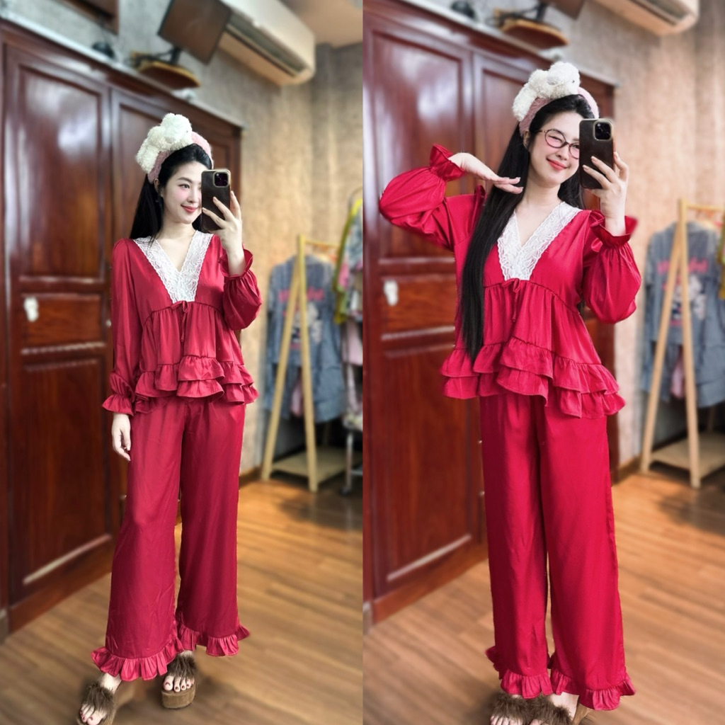 40-65k Bộ ngủ pijama tay TIỂU THƯ TRƠN mặc nhà cho nữ lụa mịn sang women
