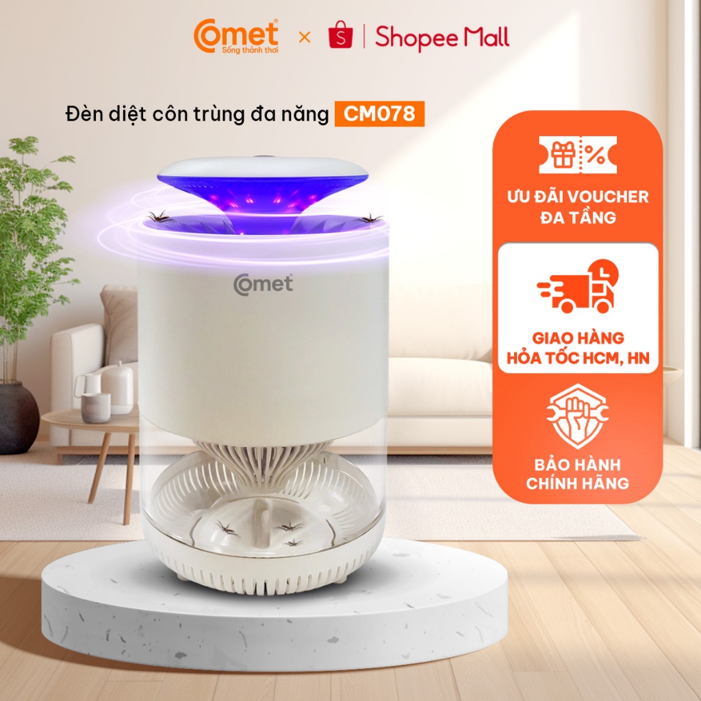 [HT HCM/HN] Đèn LED Bắt Muỗi COMET CM078 3W – 8 Led Ánh Sáng Tím Thu Hút Muỗi, Quạt Hút Tự Động, Vận Hành Êm, Dễ Vệ Sinh