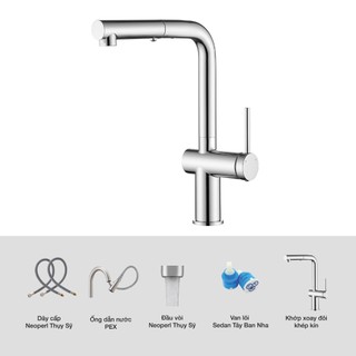 Vòi rửa bát dây rút Kluger KLF0034C nhập khẩu, chất liệu hợp kim đồng, khả năng xoay 360 độ