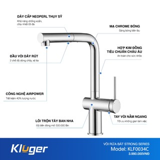 Vòi rửa bát dây rút Kluger KLF0034C nhập khẩu, chất liệu hợp kim đồng, khả năng xoay 360 độ