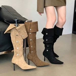 Giày bốt cao gót da lộn cúc bấm kiểu miền Tây mới sang chảnh đế cao 9cm