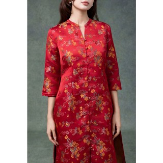 SWANLAKE | Áo Dài Cách Tân Nữ Phom Suông Cổ Chữ V Cài Nút Tay Lỡ Vải Gấm Tafta Hoa Tết L13371