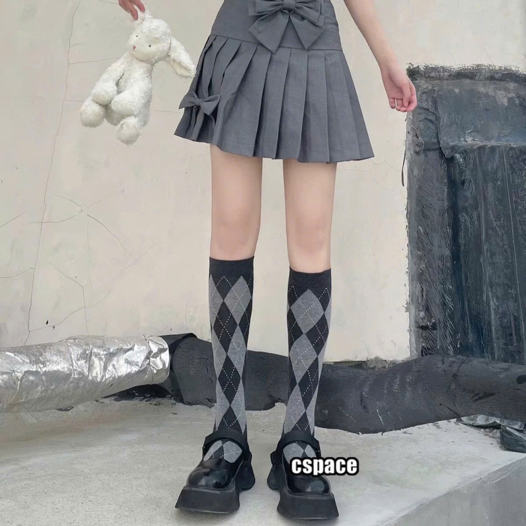 Tất nữ dáng dài họa tiết caro argyle, vớ cotton co giãn dễ phối đồ, phong cách học đường basic – Daldanlovely