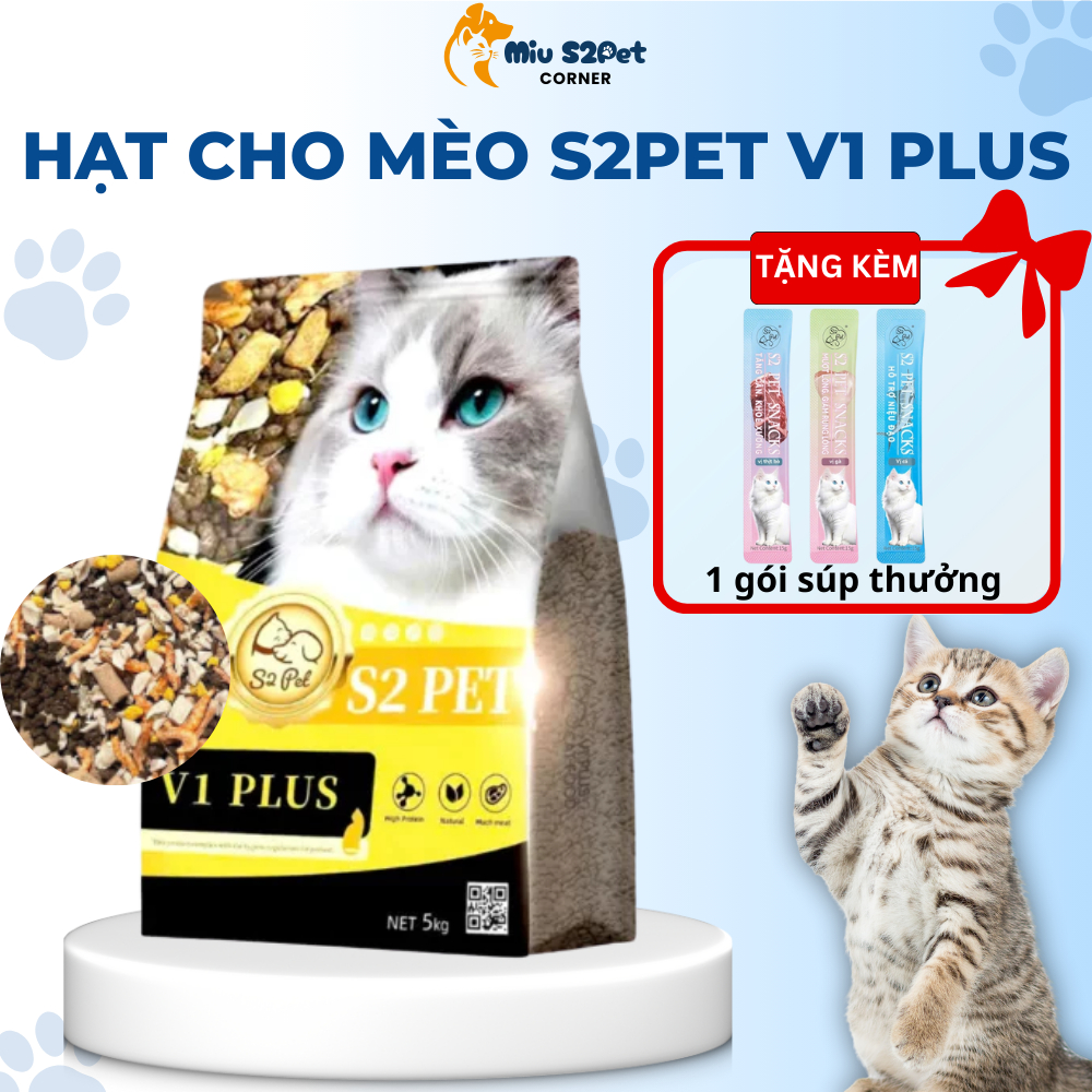 [TÚI 5KG] Hạt Cho Mèo S2Pet V1 Plus Siêu Topping – Đạm 32%, Hạt Mềm Dễ Nhai, Mượt Lông, Phù Hợp Mọi Lứa Tuổi