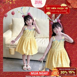 Đầm Bé Gái Dáng Bí 2 Dây Đính Nơ Màu Vàng S6740 – Váy Hè Cotton Cho Bé Gái 2–12 Tuổi