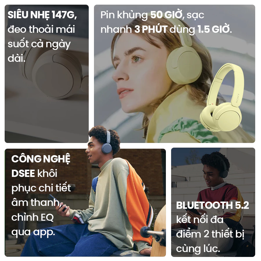 Tai nghe bluetooth Sony WH-CH520 siêu nhẹ 147g đeo thoải mái, chỉnh EQ qua app, nhiều màu thời trang