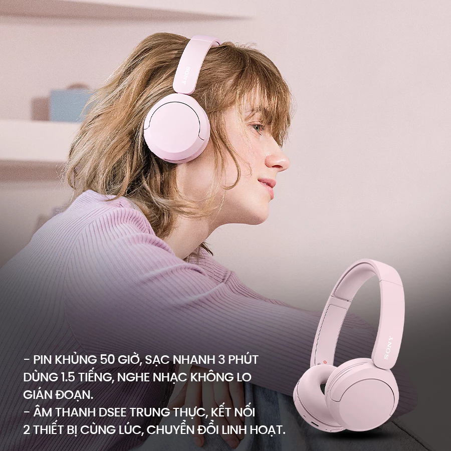 Tai nghe bluetooth Sony WH-CH520 siêu nhẹ 147g đeo thoải mái, chỉnh EQ qua app, nhiều màu thời trang