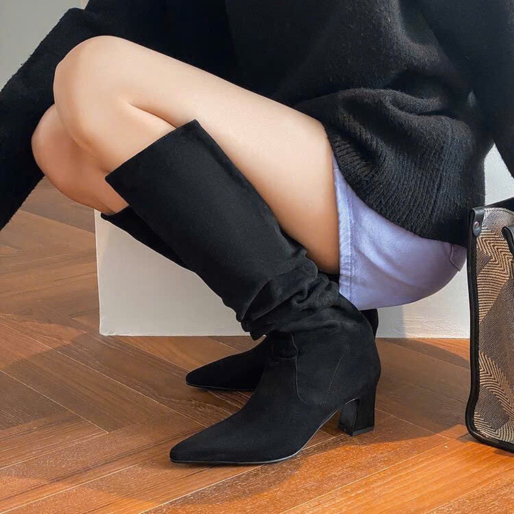 Giày Bốt Cao Gót Chất Liệu Da Lộn, Kiểu Dáng Cao Bồi Miền Tây, Dáng Suông, Cao Đến Đầu Gối