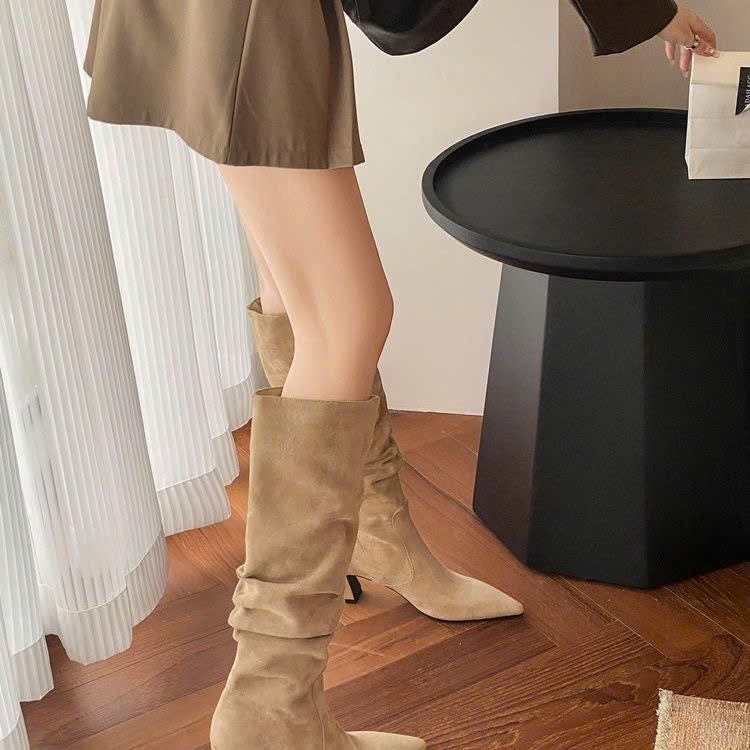 Giày Bốt Cao Gót Chất Liệu Da Lộn, Kiểu Dáng Cao Bồi Miền Tây, Dáng Suông, Cao Đến Đầu Gối