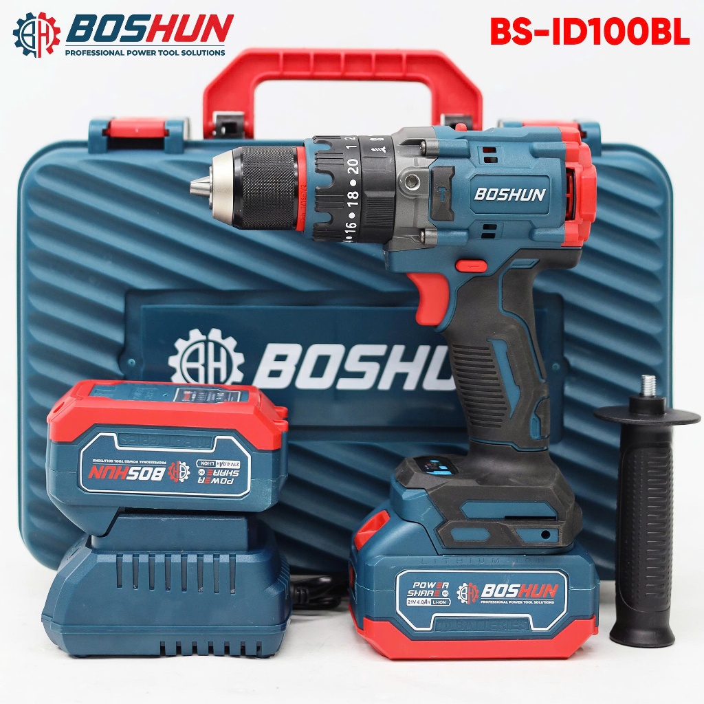 Máy Khoan Pin BOSHUN BS-ID100BL 21V 13mm Không Chổi Than – Khoan Búa Vặn Vít 3 Chức Năng – Lực Siết 100Nm