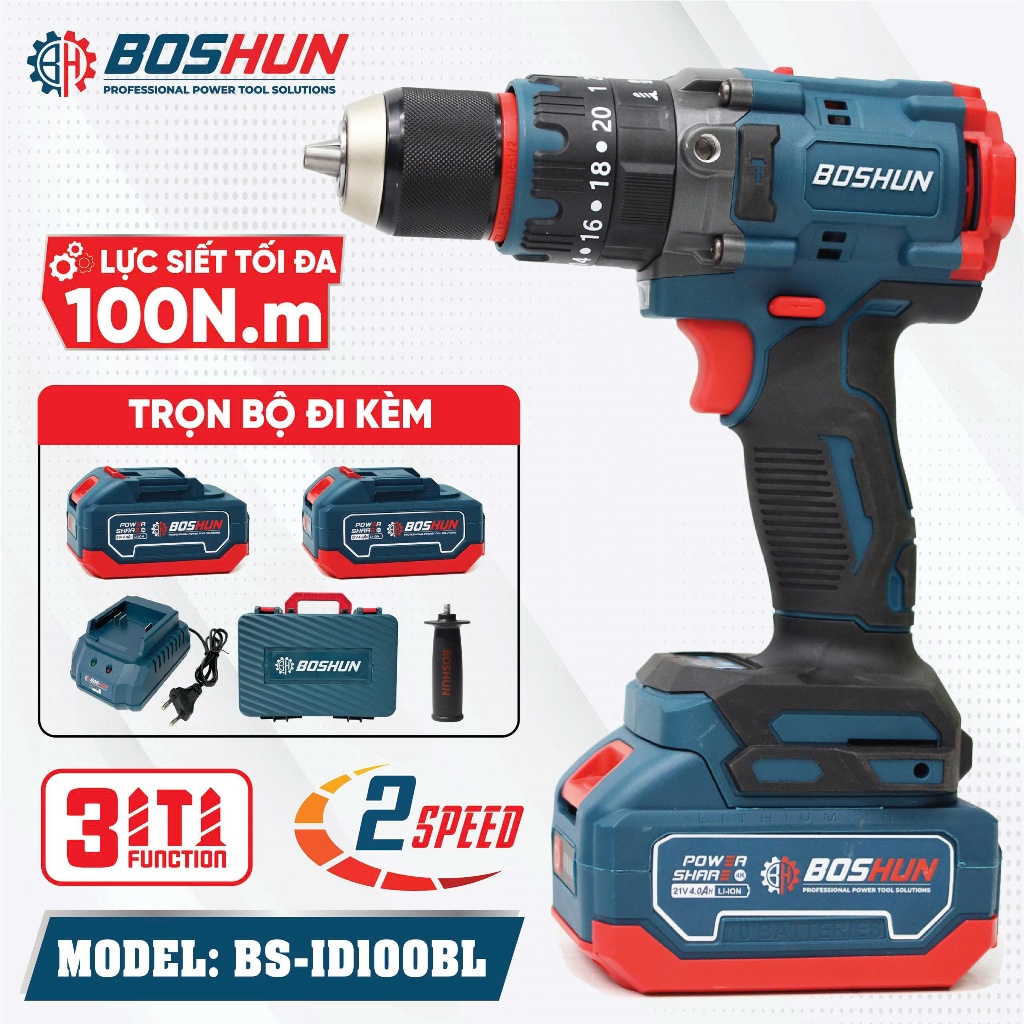 Máy Khoan Pin BOSHUN BS-ID100BL 21V 13mm Không Chổi Than – Khoan Búa Vặn Vít 3 Chức Năng – Lực Siết 100Nm