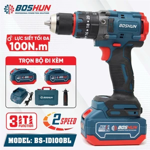 Máy Khoan Pin BOSHUN BS-ID100BL – Lực Siết Mạnh 100Nm 21V 13mm Không Chổi Than – Khoan Búa Vặn Vít 3 Trong 1