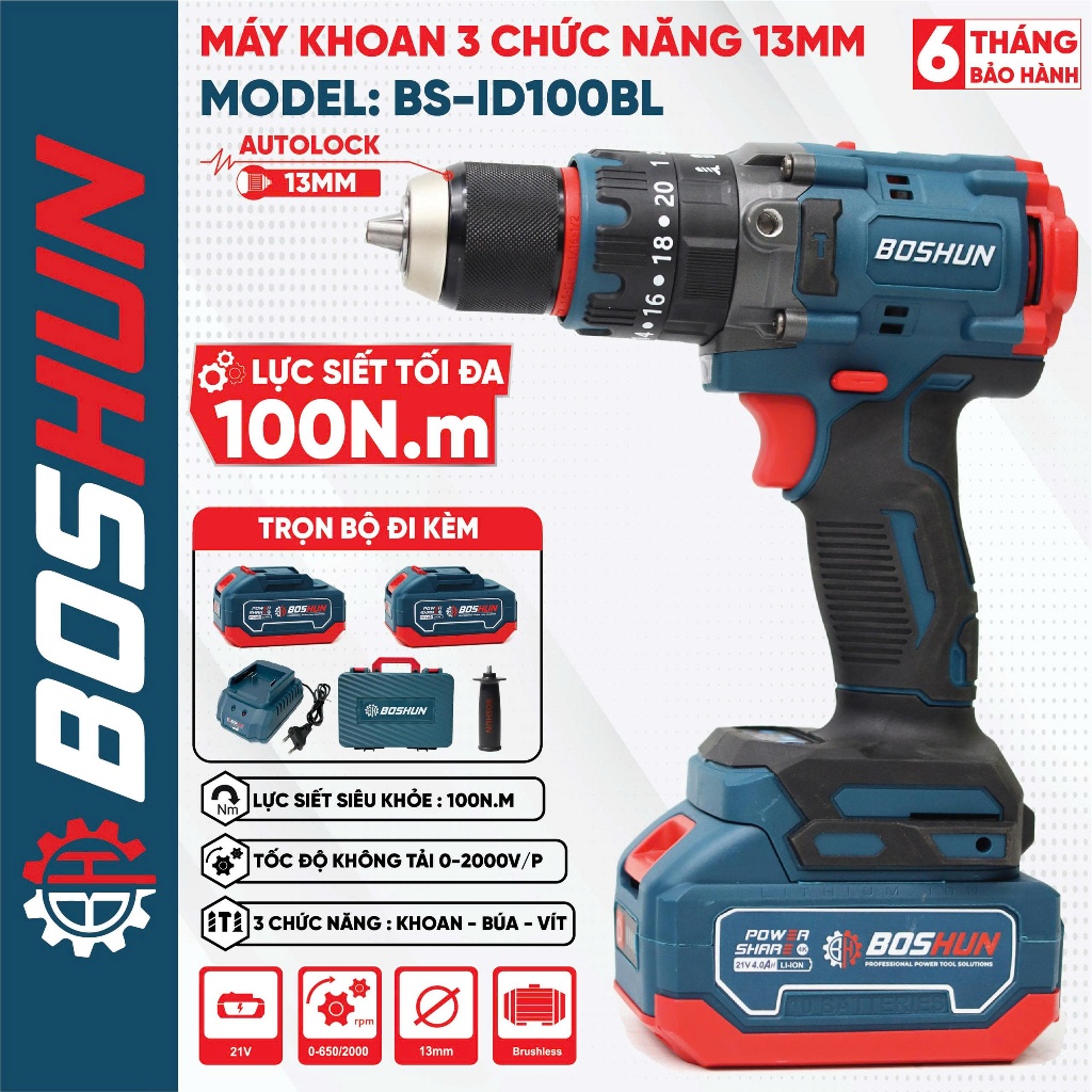 [ MỚI-Tặng Thước Dây] Máy Khoan Pin Boshun BS-ID100BL – Động Cơ Lõi Đồng, 3 Chức Năng, Pin 21V Dung Lượng Cao