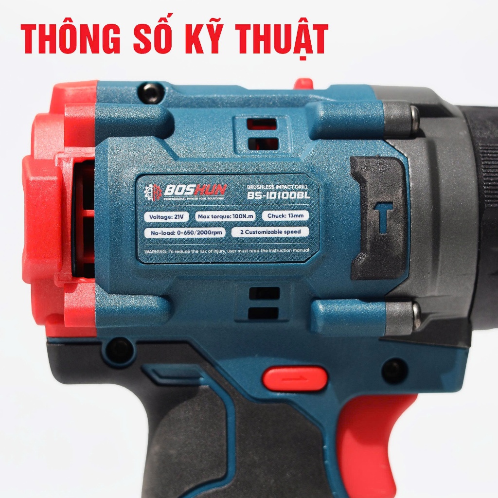 Máy Khoan Pin BOSHUN BS-ID100BL 21V 13mm Không Chổi Than – Khoan Búa Vặn Vít 3 Chức Năng – Lực Siết 100Nm