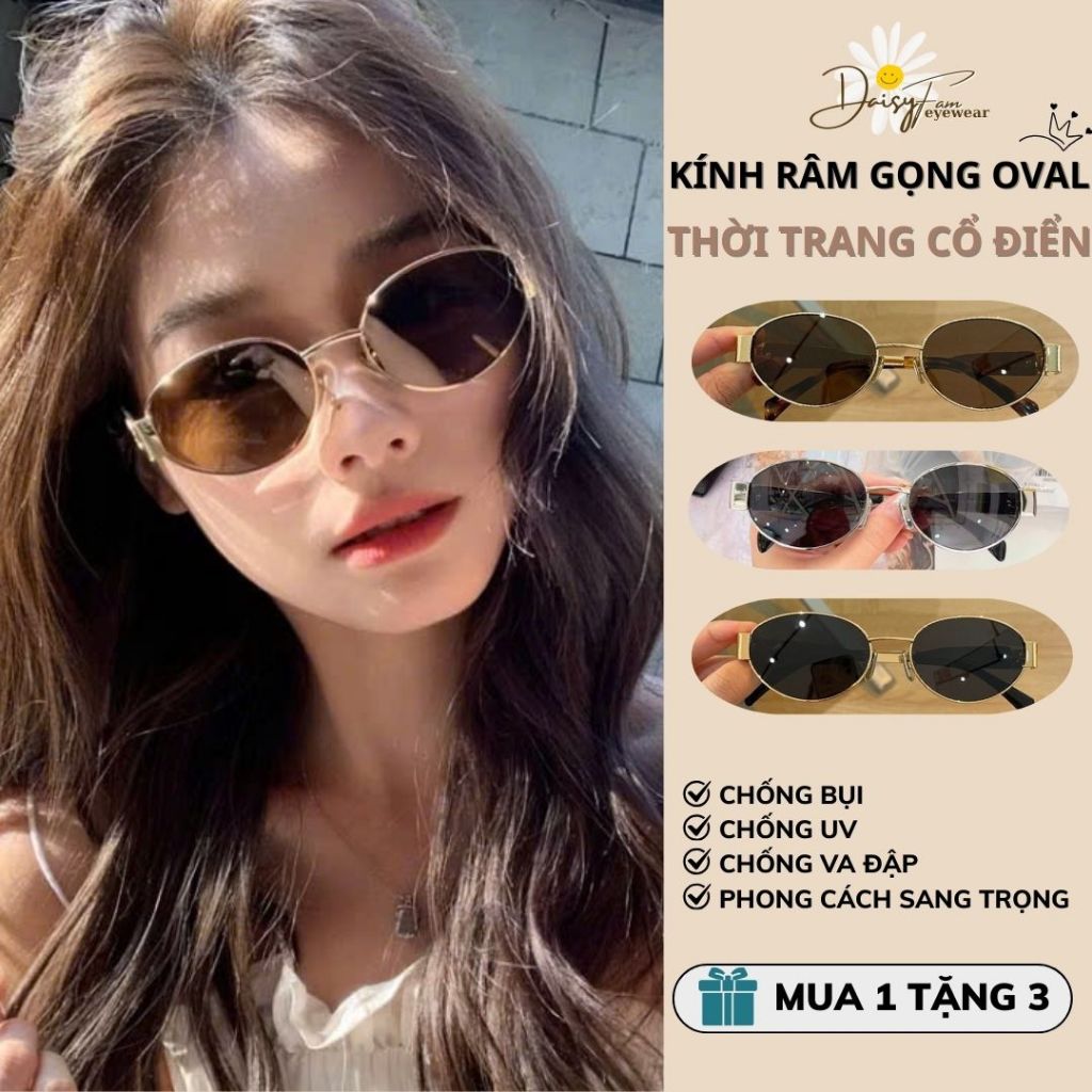 Kính mát nam nữ gọng oval kim loại kính chụp hình tết chống tia uv phong cách retro thời trang hàn quốc