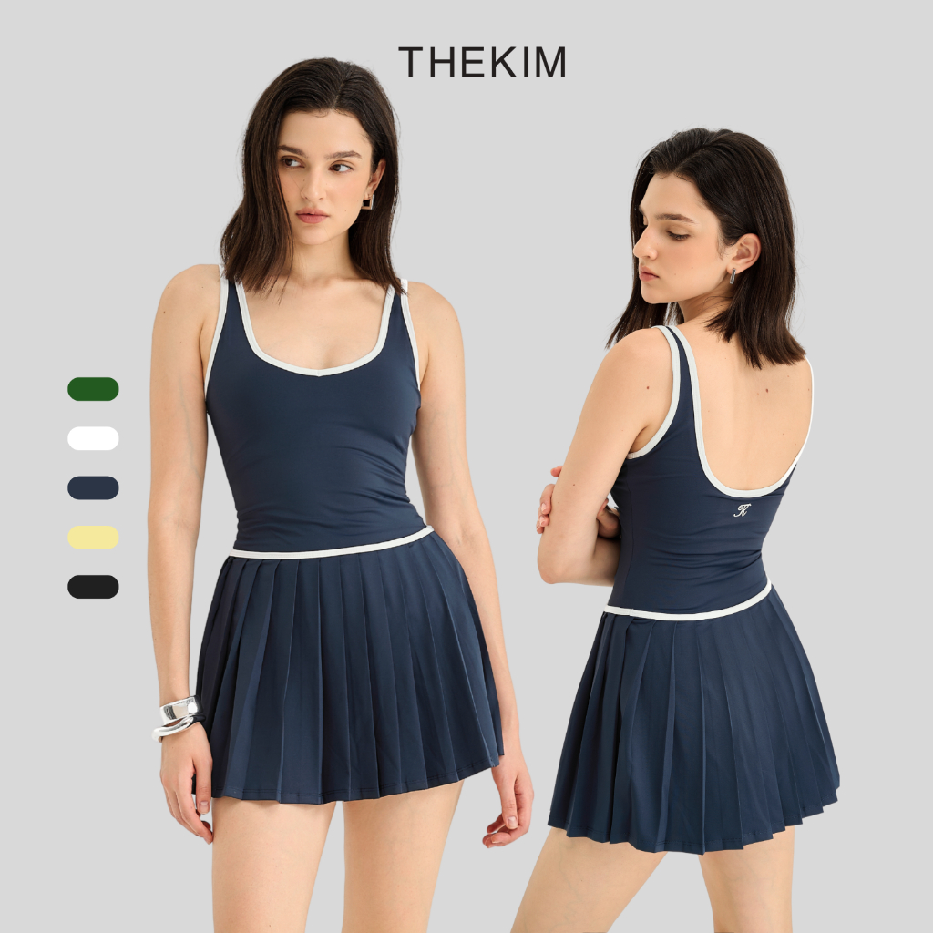 THEKIM Set váy Pickleball 2 dây phối viền ( có mút ngực tháo rời ) , váy liền thể thao xếp ly khoét lưng CS365