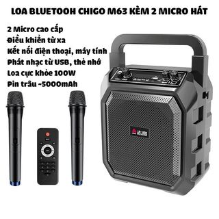 (Xả Kho) Loa Karaoke Bluetooth Chigo M63 Công Suất 100W, Loa Xách Tay Mini Kèm 2 Micro Không Dây