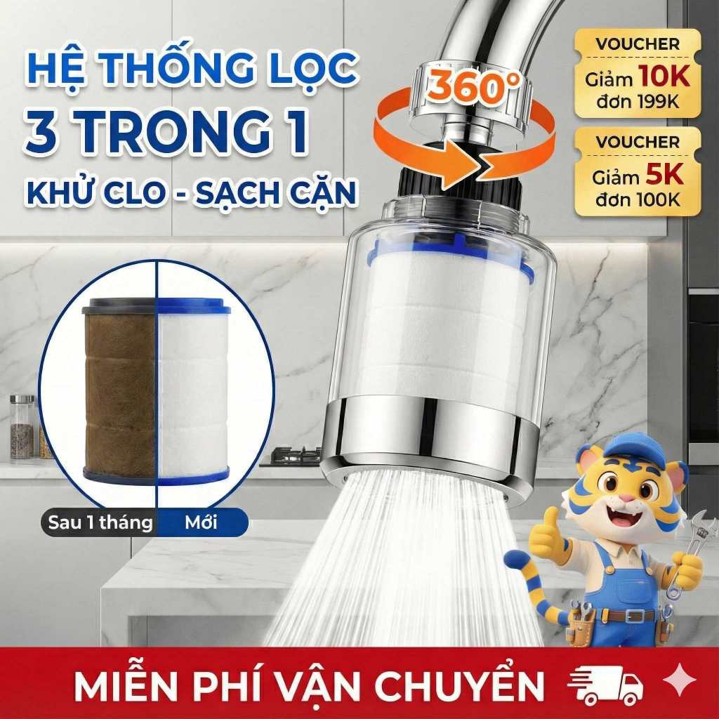 Bộ Lọc Nước Tại Vòi Rửa Bát Đa Năng - Đầu Vòi Tăng Áp Xoay 360 Độ, Lọc Sạch Cặn & Khử Clo
