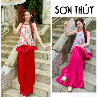 Sét yếm tơ Sơn Thủy mặc Tết,,yếm Trung Thu phối quần lụa suông ống rộng