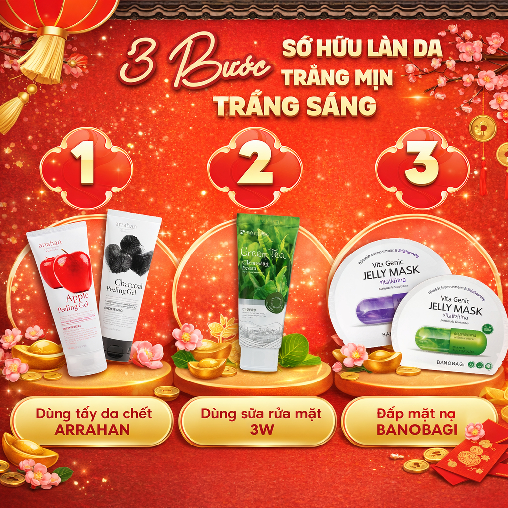 COMBO 3 Sản Phẩm Chăm Sóc Da: Sữa Rửa Mặt 3W, Tẩy Da Chết ARRAHAN Và 1 Mặt Nạ Banobagi Hỗ Trợ Dưỡng Da Trắng Sáng Ẩm Mịn