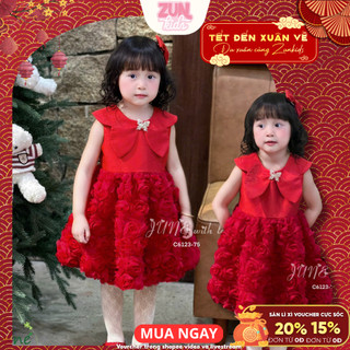 Váy Bé Gái Ren Hoa Hồng 3D C6123 | Váy Công Chúa Tầng Bí Bồng Bềnh, Phối Tafta Nhũ Cao Cấp