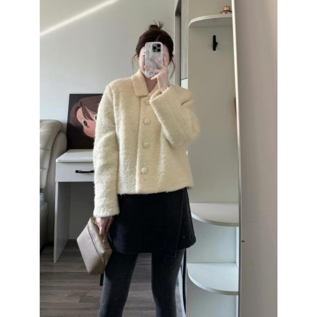 Áo lông cừu hai lớp cúc bọc dáng ngắn, áo khoác mùa đông dáng crotop LALA K07