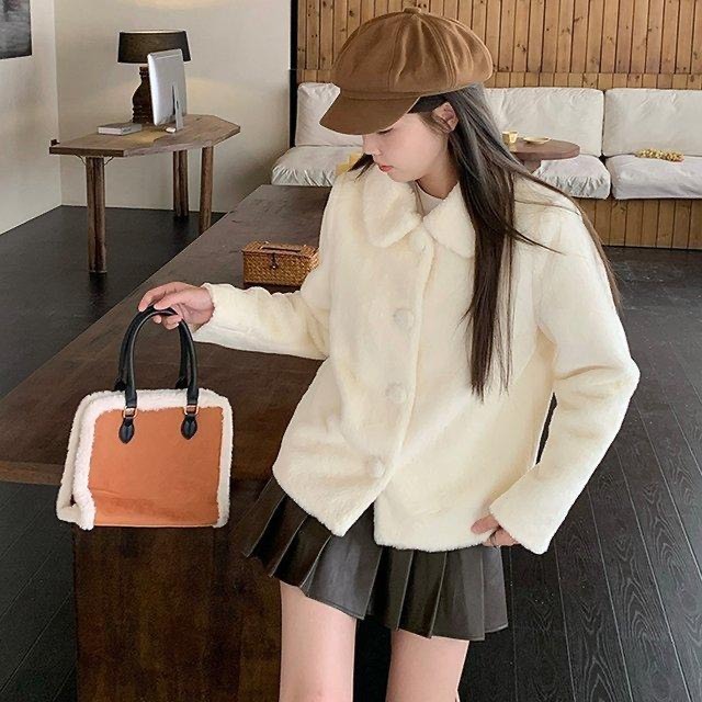 Áo lông cừu hai lớp cúc bọc dáng ngắn, áo khoác mùa đông dáng crotop LALA K07