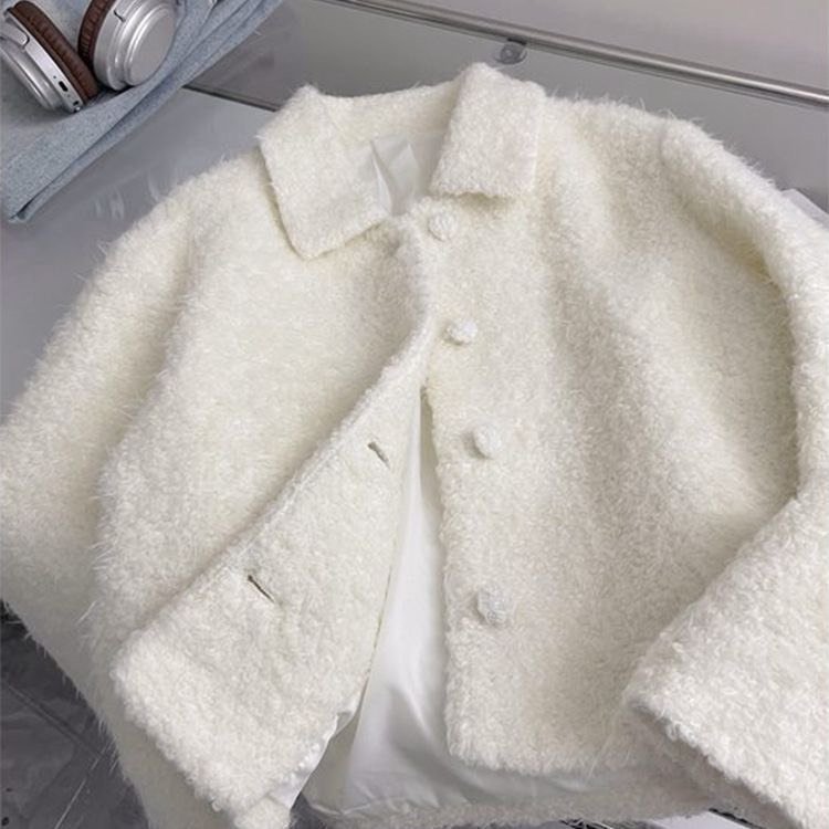 Áo lông cừu hai lớp cúc bọc dáng ngắn, áo khoác mùa đông dáng crotop LALA K07