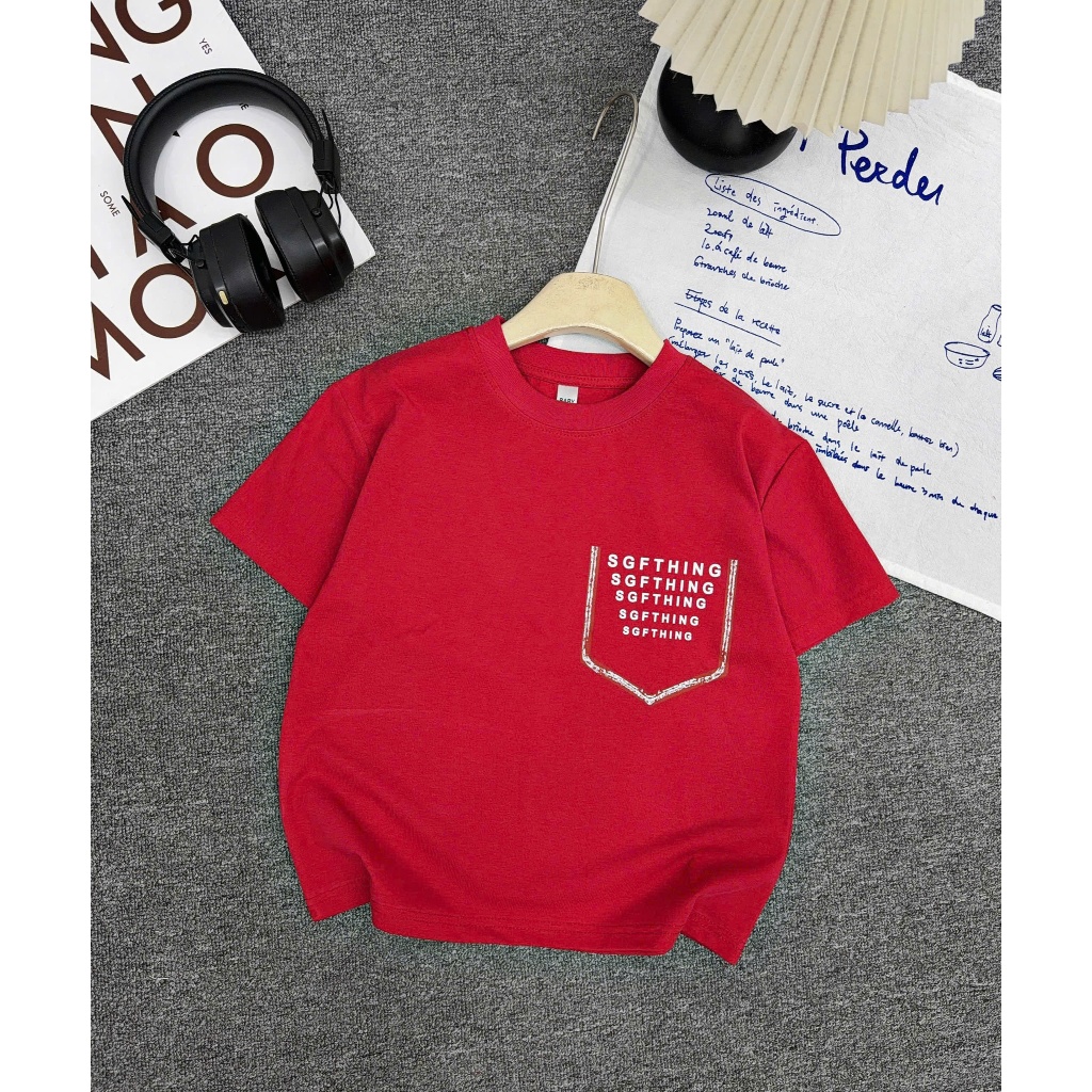 Áo Phông Cộc Tay IN TÚI CHỮ Cho Bé Trai, Chất Cotton Mềm Mịn, Thấm Hút Tốt, Dáng Basic 3 màu, Size từ 17-60kg