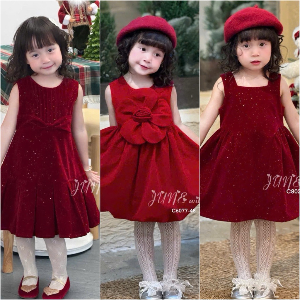 Đầm váy nhung bé gái tone đỏ đi chơi Tết Noel size 1–10Y (10–40kg) C8029 C6077 C6166 – váy trẻ em cao cấp