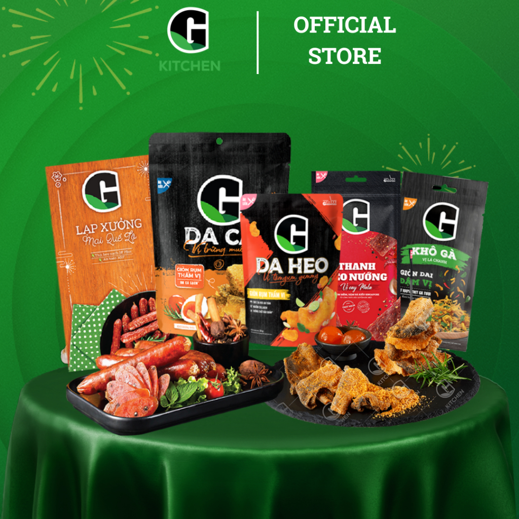 Combo ăn vặt (lạp xưởng mai quế lộ, 3 khô gà, 3 da cá, 3 thanh heo, 3 da heo) G Kitchen [Giao toàn quốc]