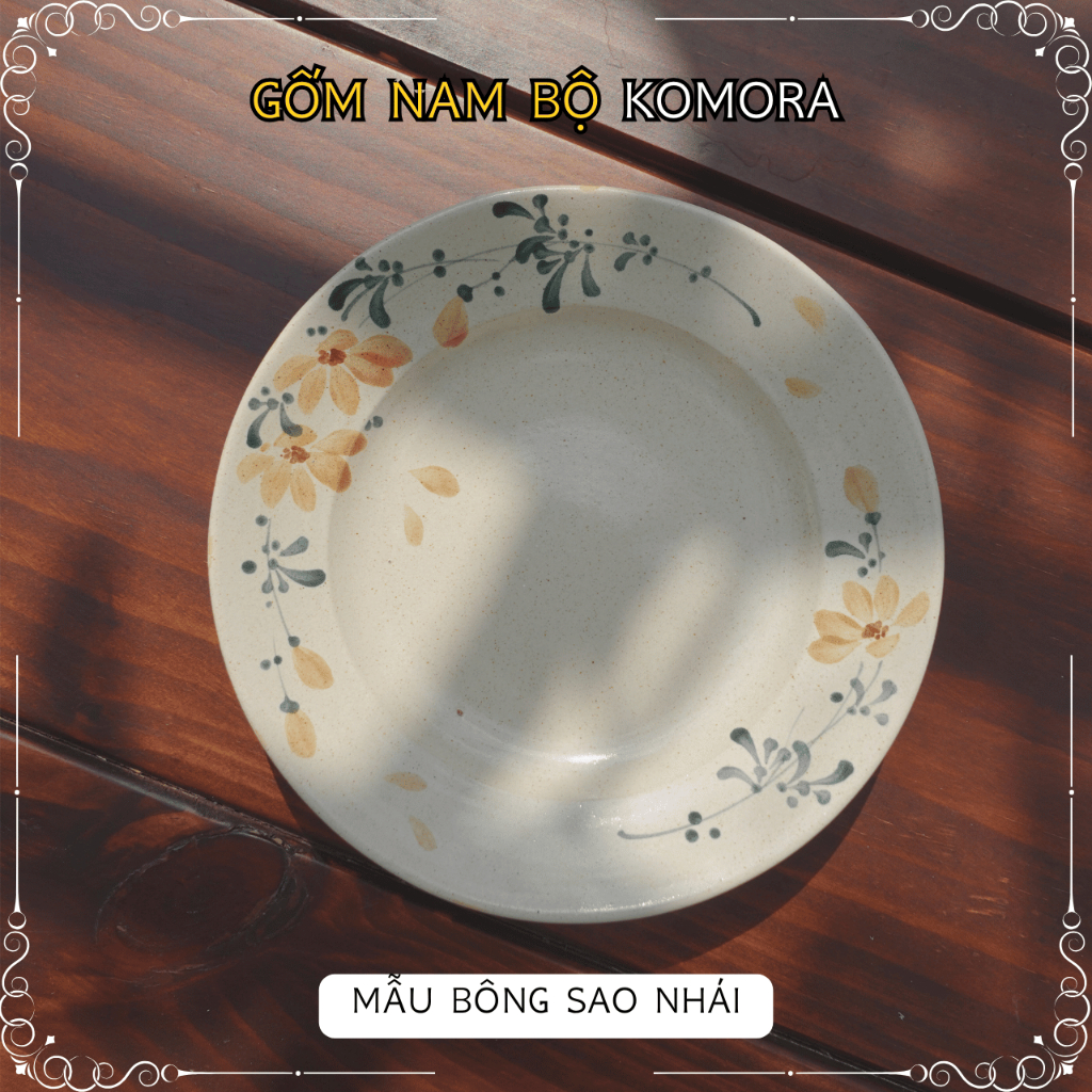 [Dĩa] Mẫu Bông Sao Nhái, Gốm Nam Bộ KOMORA, Men Kem, Nung Lửa Truyền Thống, Đậm Chất Nam Bộ, Họa Tiết Mộc Mạc