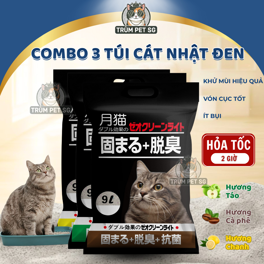 [COMBO 3 TÚI] Cát Vệ Sinh Cho Mèo NHẬT ĐEN 9L Siêu Thấm Hút, Vón Cục Nhanh, Khử Mùi Hiệu Quả, Ít Bụi, An Toàn Cho Mèo