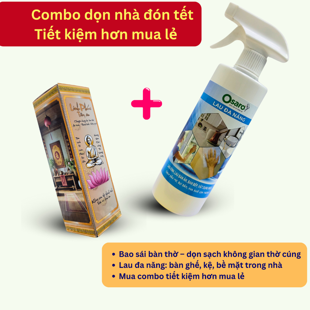 Combo Bao Sái Bàn Thờ & Lau Đa Năng OSARO - Dọn Nhà Đón Tết, Mùi Nhẹ, Dùng An Tâm | BSBT200+LDN500
