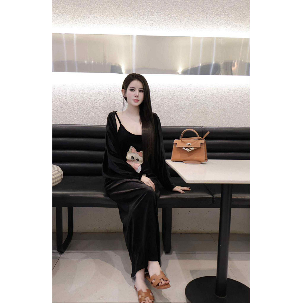 S26 • Set Đầm Body 2s Thêu Mèo Kèm Áo Khoác Sang Chảnh • NA TÍM Clothing