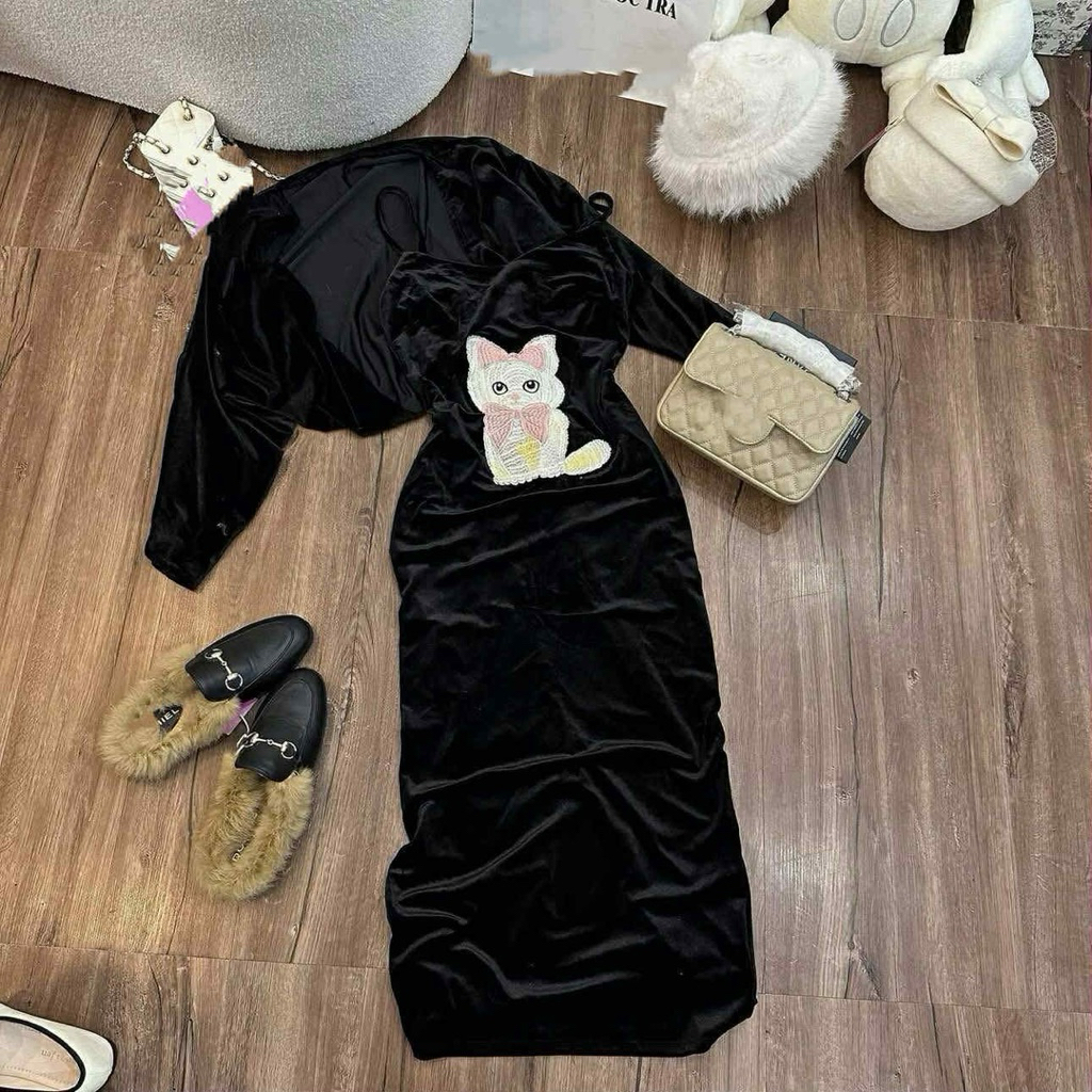 S26 • Set Đầm Body 2s Thêu Mèo Kèm Áo Khoác Sang Chảnh • NA TÍM Clothing