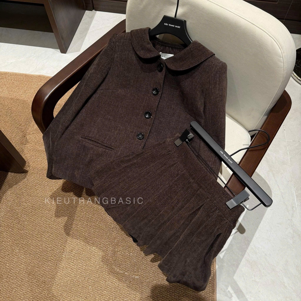 ZIMM STORE-Set váy vest nâu áo khoác form rộng phối váy ngắn
