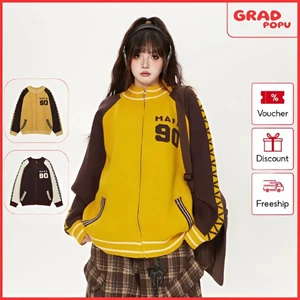 Áo khoác GRADPOPU dệt kim dáng rộng tay raglan phối màu theo phong cách retro Mỹ dành cho nữ AK283