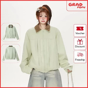 Áo khoác GRADPOPU chất liệu da lộn màu xanh bơ cổ bẻ độc đáo và hiếm thấy dành cho nữ AK324