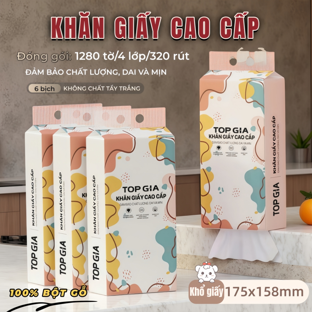 Khăn Giấy Cao Cấp Treo Tường TopGia 6 Bịch 4 Lớp 1280 Tờ Từ Bột Giấy Thiên Nhiên Mềm Mịn Siêu Dai