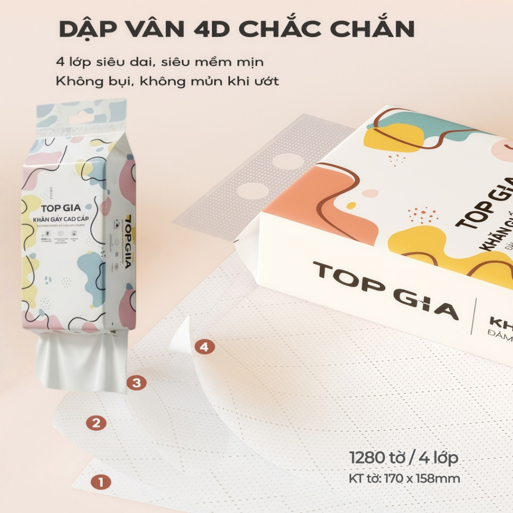 Khăn Giấy Cao Cấp Treo Tường TopGia 6 Bịch 4 Lớp 1280 Tờ Từ Bột Giấy Thiên Nhiên Mềm Mịn Siêu Dai