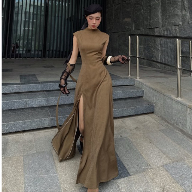 IVORY DRESS - Đầm Dài Maxi Màu Nâu Ánh Rêu Quý Cô Thanh Lịch