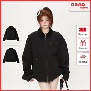 Áo khoác GRADPOPU dáng rộng cổ ve đen phong cách biker cổ điển Mỹ cao cấp dành cho nữ AK325