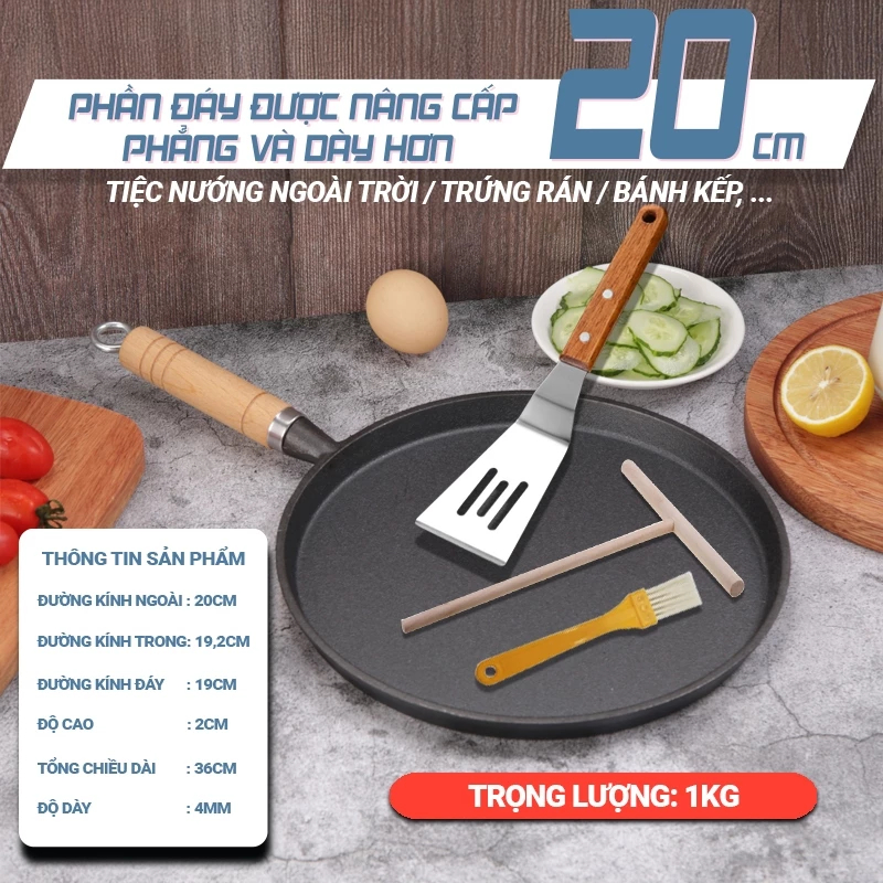 Chảo Gang Chống Dính Đổ Bánh Xèo & Rán, Kích Thước 20cm và 26cm Phù Hợp Mọi Loại Bếp