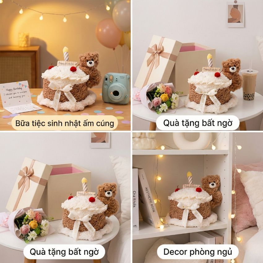 Gấu Bông Bánh Sinh Nhật Đính Con Vật Đáng Yêu Quà Tặng Sinh Nhật/Decor Cho Bé Bạn Gái.Trai