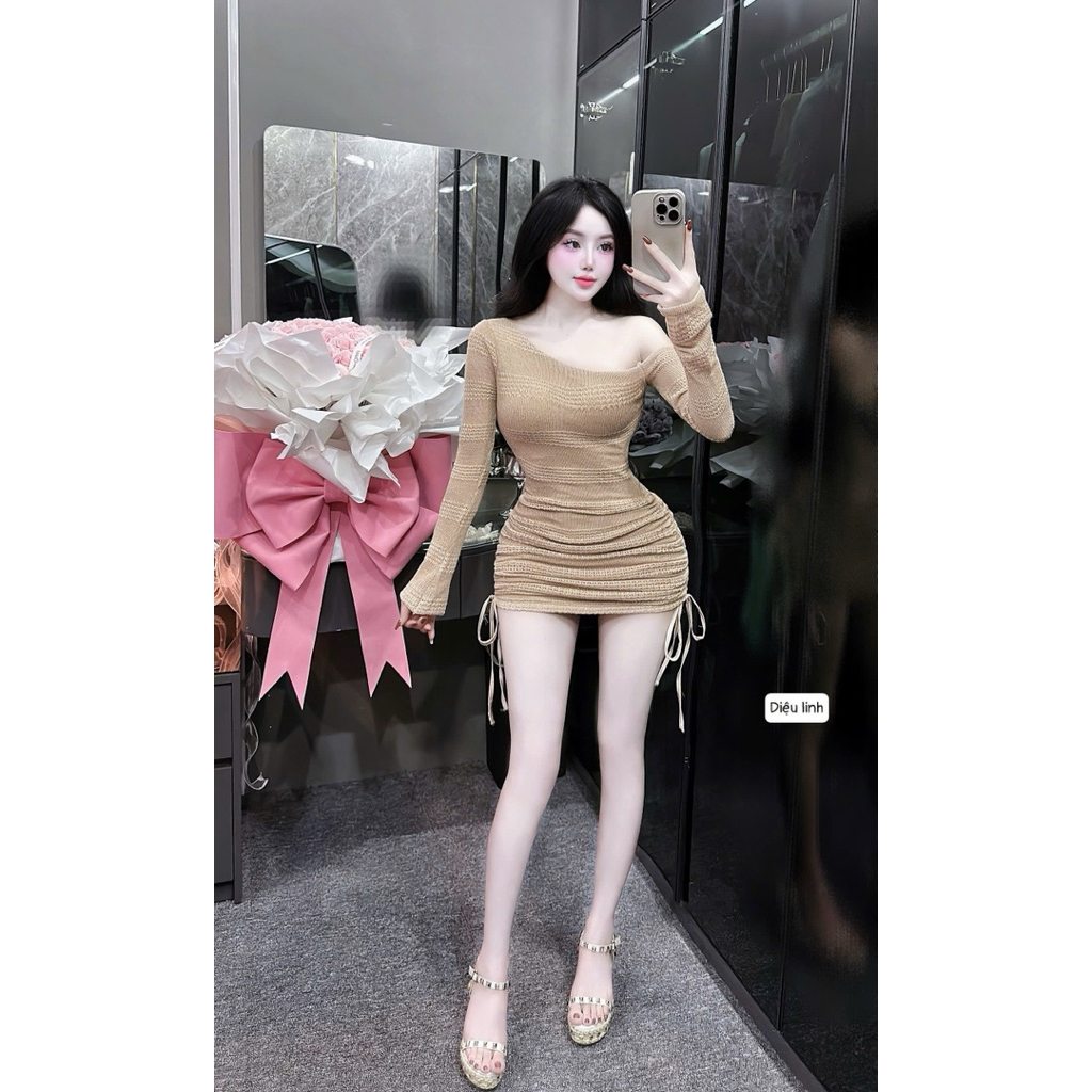 Đầm body lệch vai nhún hông tôn dáng