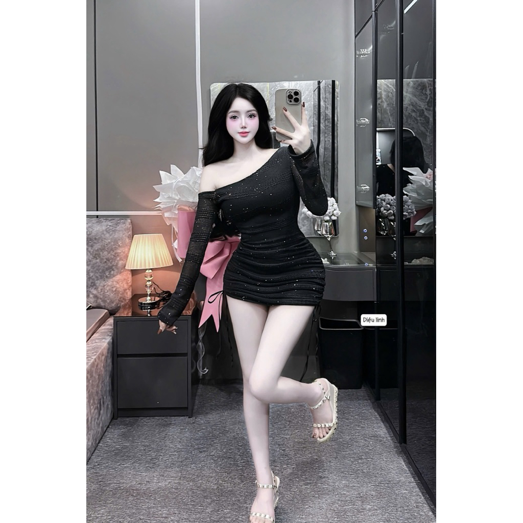 Đầm body lệch vai nhún hông tôn dáng