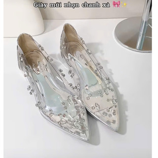 Giày  búp bê MEKA nữ mũi nhọn trong suốt đính đá lấp lánh, đế bệt mềm êm, mang êm chân MS32