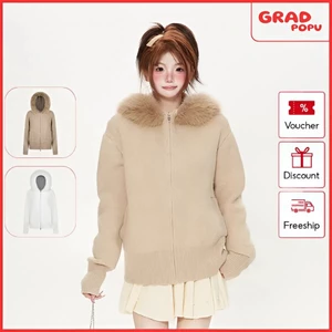 Áo khoác GRADPOPU dệt kim kiểu Mỹ mùa thu/đông có mũ trùm đầu và cổ lông lớn có thể tháo rời AK330