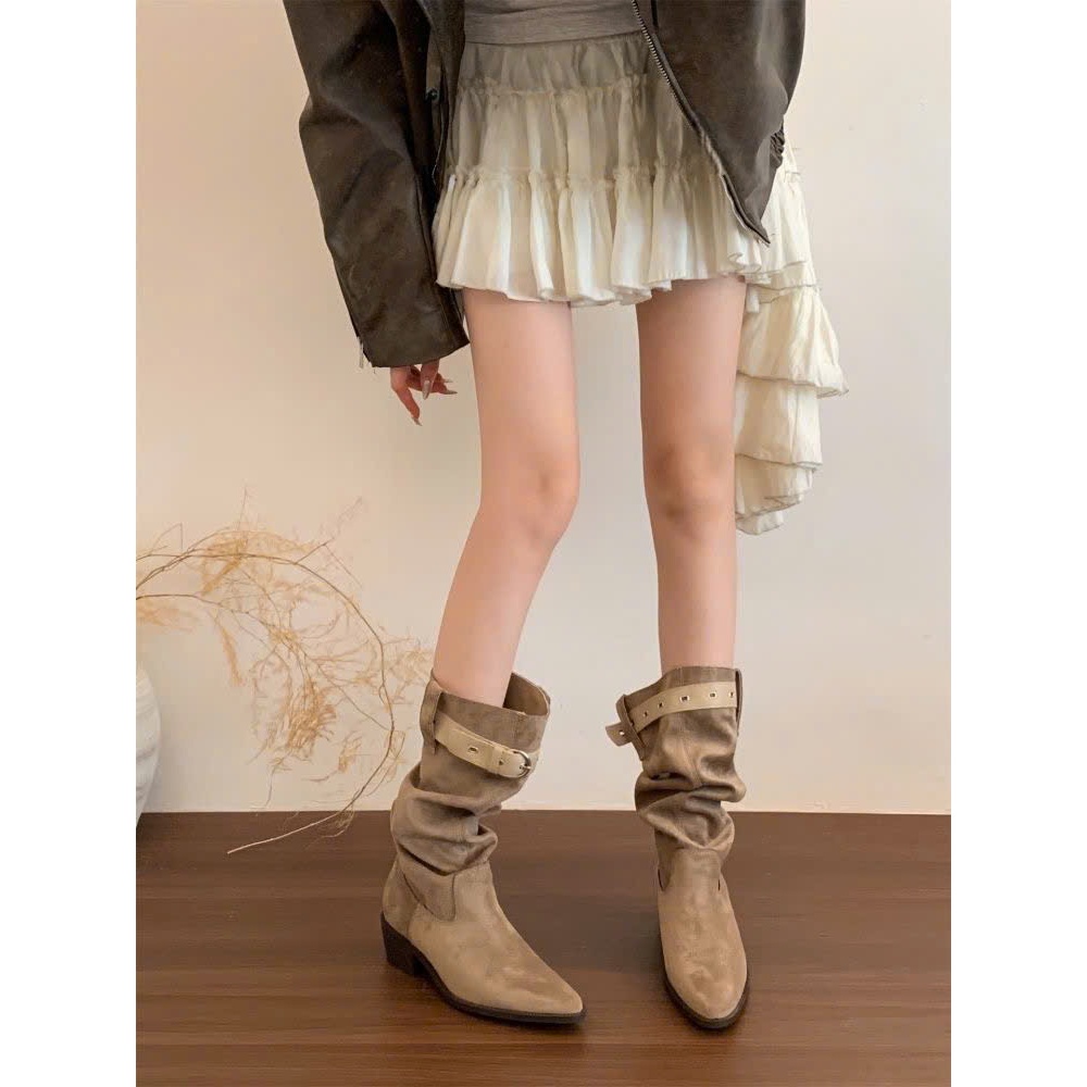 (Sẵn nâu 38) Giày Bốt Cao Bồi Miền Tây Dáng Nhún Cao Đến Giữa Bắp Chân Với Mũi Nhọn Và Gót Dày